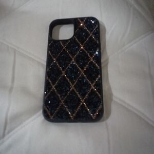 Motorola Black Glitter Diamond Grid Phone Case with Gold Accents